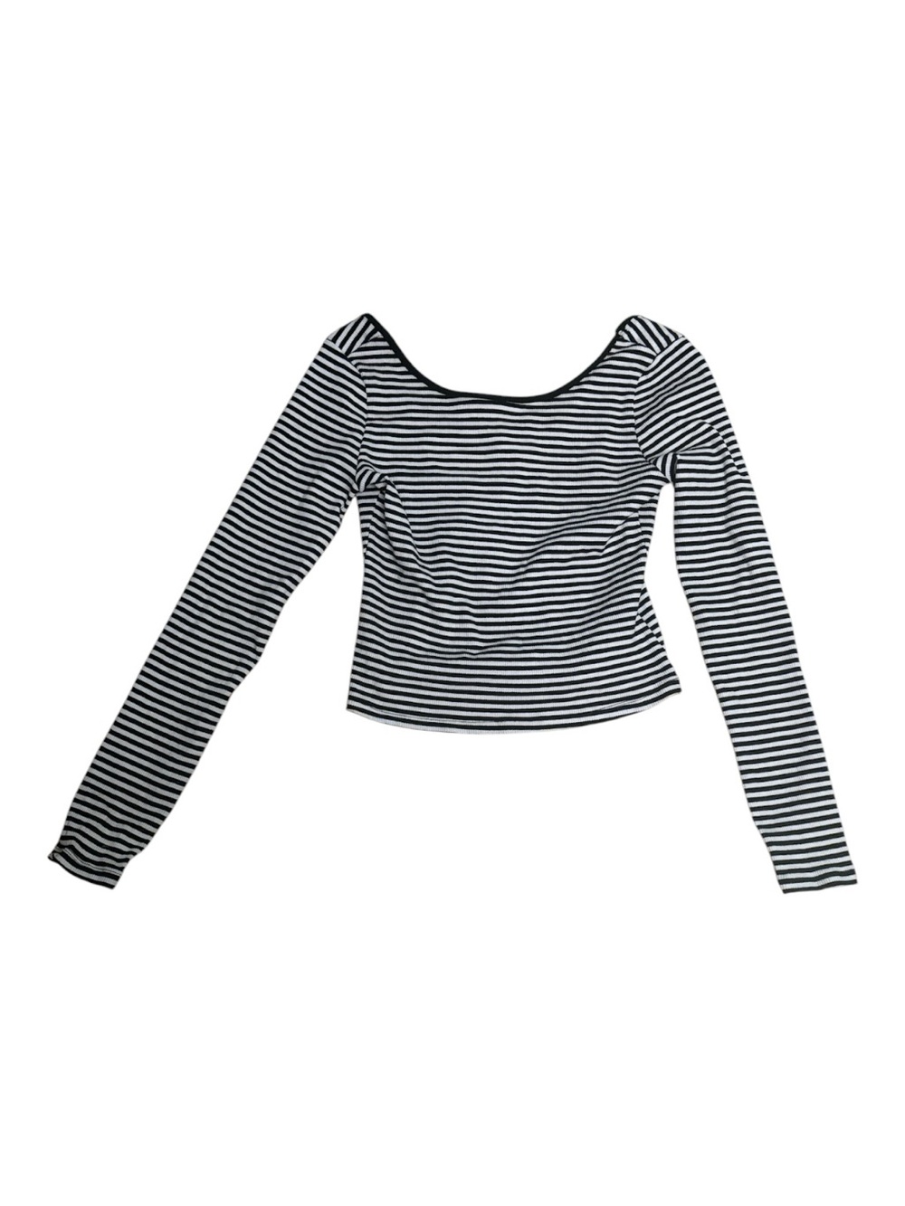 Striped Long-Sleeve Scoop Neck Crop Top - Black/White Size Large